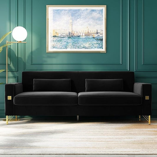 85.63" Velvet Sofa,Modern Loveseat Couch with Pillows Set of 2 for Living Room,Bedroom,Apartment Furniture with Gold Metal Legs (Black)