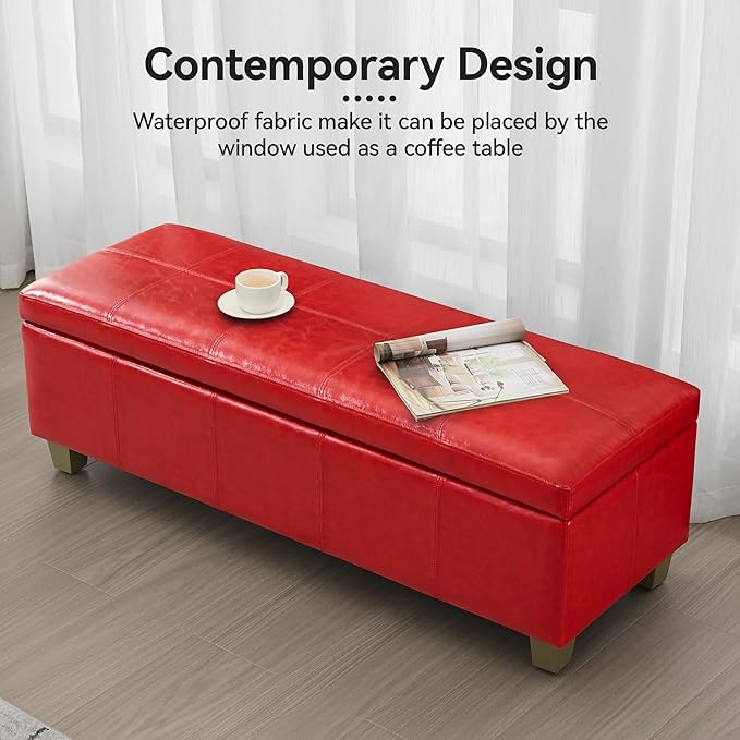 51" Faux Leather Storage Ottoman, Stitch Tufted Rectangle Upholstered End of Bed Storage Bench, Entryway Large Couch Ottoman with Wooden Legs,Red