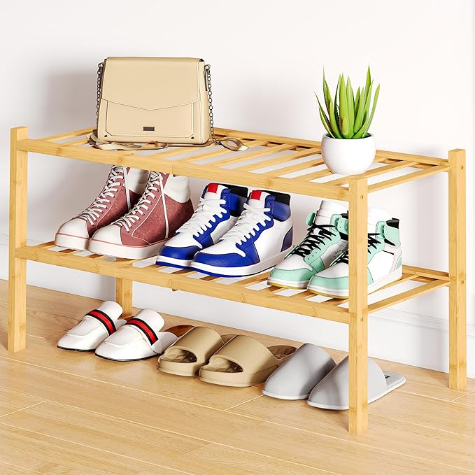 Smiry Shoe Rack, 2 Tier Bamboo Shoe Organizer, Stackable Free Standing Wooden Shoe Storage Shelf for Closet, Entryway, Front Door Entrance, Natural