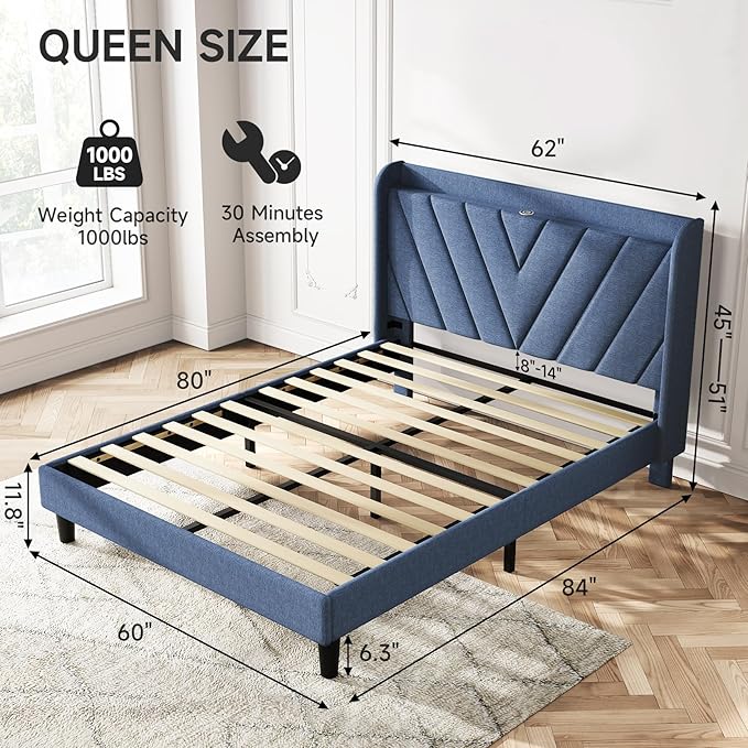 koorlian Queen Bed Frame with Headboard, Adjustable Upholstered Platform Bed Frame with Type-C&USB Ports, Wingback Storage Headboard, Solid Wood Slats Support, No Box Spring Needed, Dark Blue