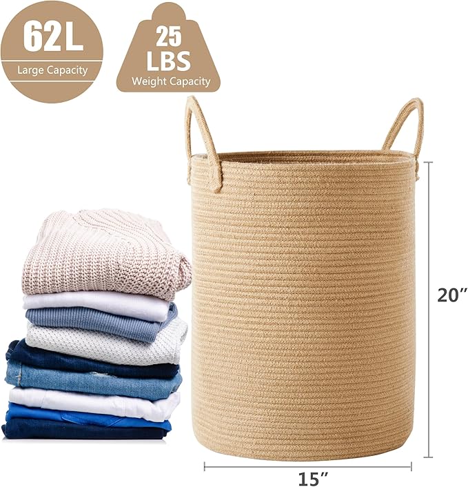 62L Jute Woven Hamper Laundry Basket Wicker Rope Clothes Hamper for Baby Nursery Kids Tall Rattan Blanket Basket in Living Room Bedroom