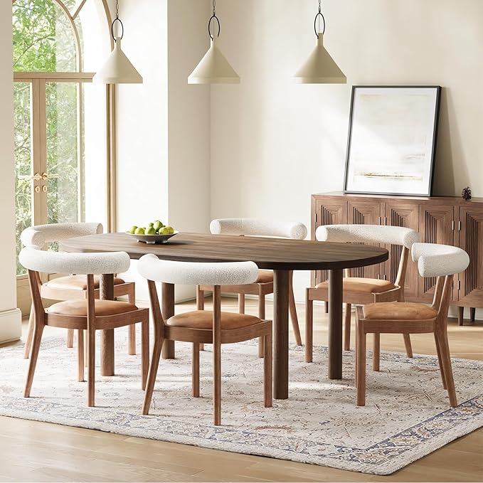 Kmax Dining Room Chairs Mid-Century Modern Leather Kitchen Chairs with Natural Walnut Finished Frame, Fur White Curved Back, Set of 6, PU Brown