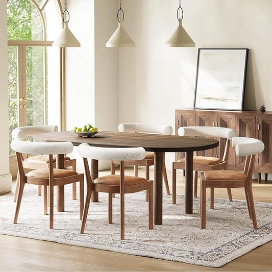 Kmax Dining Room Chairs Mid-Century Modern Leather Kitchen Chairs with Natural Walnut Finished Frame, Fur White Curved Back, Set of 6, PU Brown