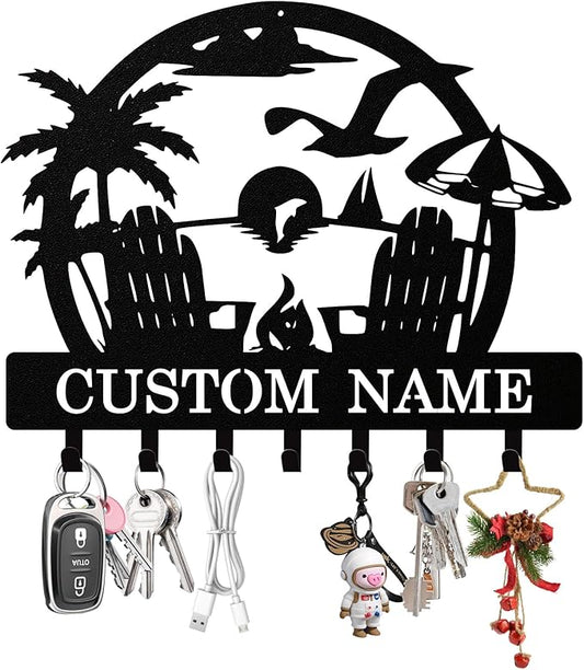 Personalized Beach Key Holder Wall Mount, Custom Metal Keys Hanger for Wall with Name, Custom Key Rack Holder with Hooks for Home, Entryway, Front Door, Living Room, Kitchen, Bathroom