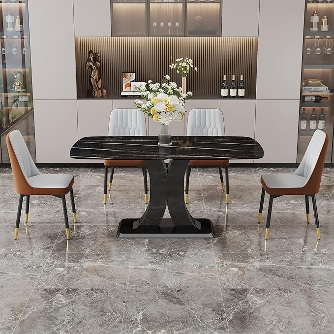 Modern Dining Table Set for 4, Marble Kitchen Table Chair Set for 4, Rectangular Kitchen Table with PU Leather Upholstered Chair for Dining Room (Brown-C)