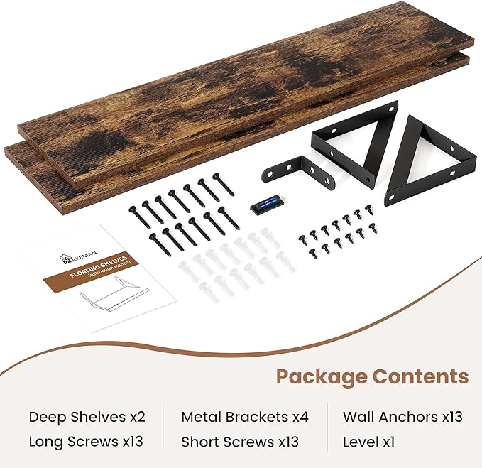 Axeman Floating Shelves for Wall 48 Inch | 47.3W x 8D Rustic Floating Shelves Set of 2 | 8" Deep Long Wall Shelves for Bathroom Kitchen Living Room | Bookshelf Display Shelves - Rustic Brown