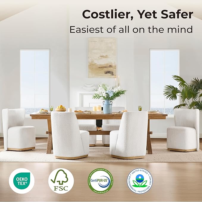 CHITA Upholstered Rolling Dining Chair on Casters Set of 4, FSC Certified Modern Fabric Dining Chair with Casters, Boucle Dining Chairs for Reading Room Kitchen Dining Room, Pearl