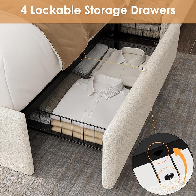 Full LED Bed Frame with 4 Storage Drawers and Storage Headboard, Soft Boucle Upholstered Platform Bed Frame with Charging Station and USB Ports, Solid Wood Slats Support, No Box Spring Needed, Cream