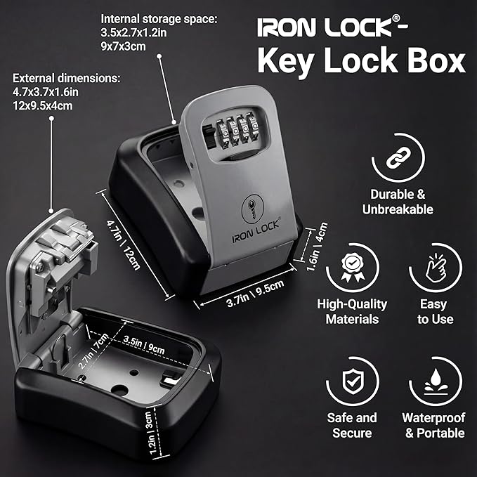 Iron Lock® Key Lock Box Wall Mount – Medium Waterproof Heavy-Duty Metal Safe with 4-Digit Combination for Outdoor Access, Home Entry, Office Security, Rentals & Airbnb Use (Grey, Medium)