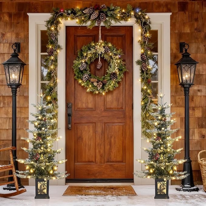 Small Pre-Lit Christmas Tree with LED Lights - 3.5 FT Snow Flocked Ariticifial Tree with Vintage Snowflake Base, Battery Operated & Auto Timer for Home Office Xmas Decor