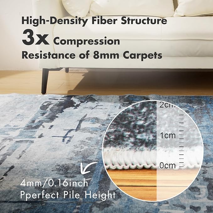 8x10 Soft Washable Area Rugs for Living Room and Bedroom, Non-Slip Stain Resistant Indoor Carpet, Cozy Floor Mat for Dining Room, Office, Under TableStain Resistant Blue