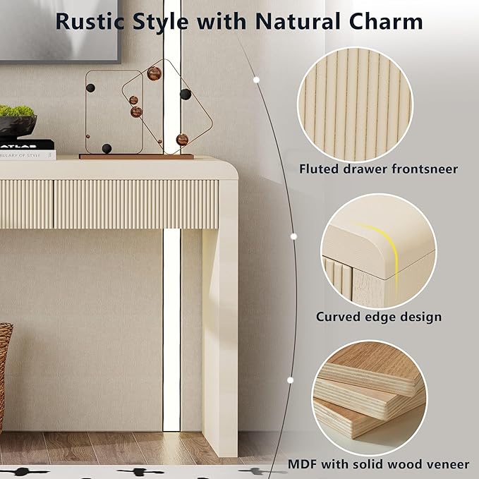 55”Curved Rustic Console Table with 3 Fluted Drawers,Solid Wood Veneer Entry Table Foyer Hallway Table, Narrow Sofa Table Natural Wood Grain for Living Room, Hallway (Oak)