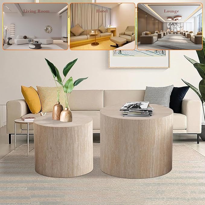 Stylish Nesting Coffee Table Set of 2, Elegant Chic Round Wooden Center Table - Smooth Finish & Easy to Clean, No Assemble Needed (E)