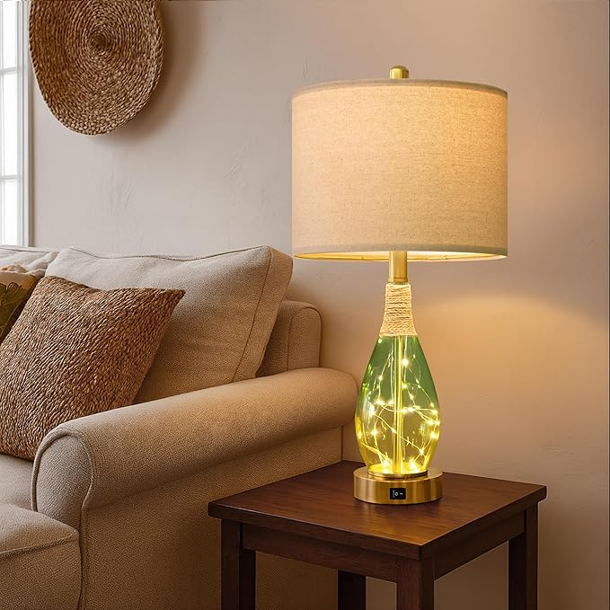 OYEARS 23" Table Lamps Set of 2,Farmhouse Lamps with Glass Nightlight, Bedside Lamps for Living Room, Rattan Lamps for Bedroom Nightstands, Two Light Points