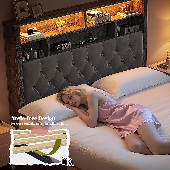 EnHomee Full Size Bed Frame with 4 Storage Drawers and Headboard Upholstered,Wooden Full Bed Frame with Charging Station and LED Light,NO Noise,No Box Spring Needed,Gray