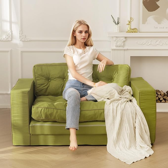 YOSHOOT Loveseat Sleeper Sofa,55" Convertible Sofa Bed Couch Futon Couches for Living Room,3-in-1 Pull Out Floor Couch with Backrest and Pillows, Green