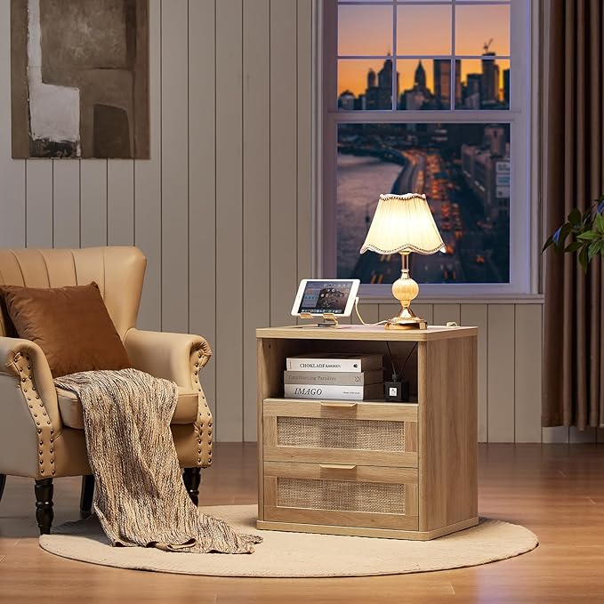 LEYAOYAO Boho Rattan Coffee Table and End Table Sets, 48" Wide Center Tables & 23" Night Stand with Charging Station Chest of Drawers, Natural Wood Coffee Table for Living Room 2 Piece Set