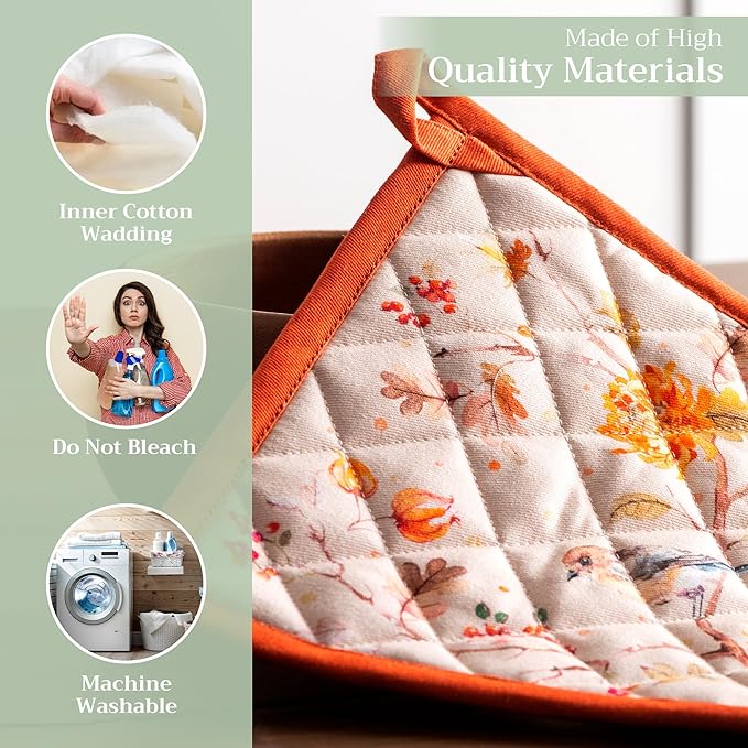 Maison d' Hermine Pot Holders Set 100% Cotton Heat Resistant Potholders 8" x 8" Hot Pads with Loop for Thanksgiving Christmas Decorations BBQ Baking Handling Hot Pans (Pack of 2, Kelim - Prairie)