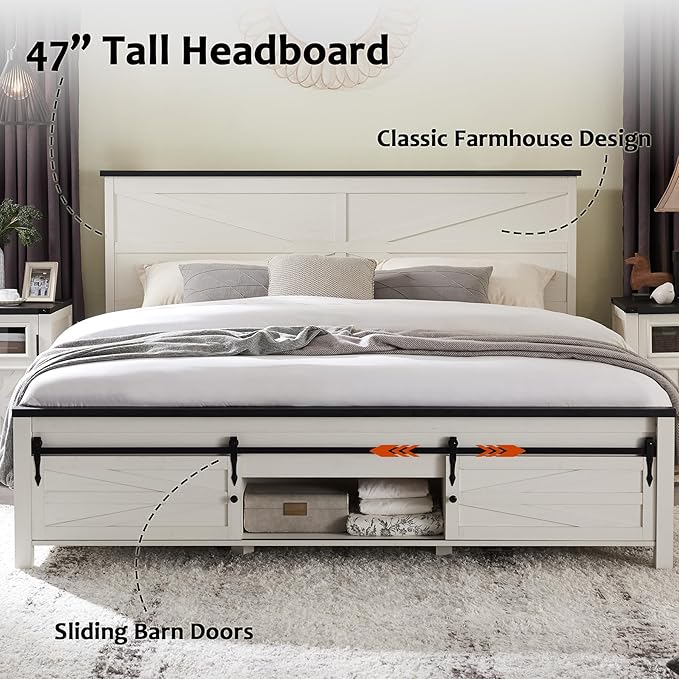 JXQTLINGMU Farmhouse King Size Bed Frame with 47" Tall Headboard, Wood King Bed Frame with Storage Cabinet, Solid Wood Slats Support, Noiseless, No Box Spring Needed (Antique White)