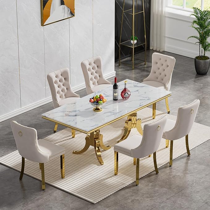 Goujxcy Faux Marble Dining Table Set for 6, Modern 7-Piece Dining Table Set with 6 Velvet Upholstered Chairs, 70" Large Long Faux Marble Kitchen Dining Room Table and Chairs with Stainless Steel Legs