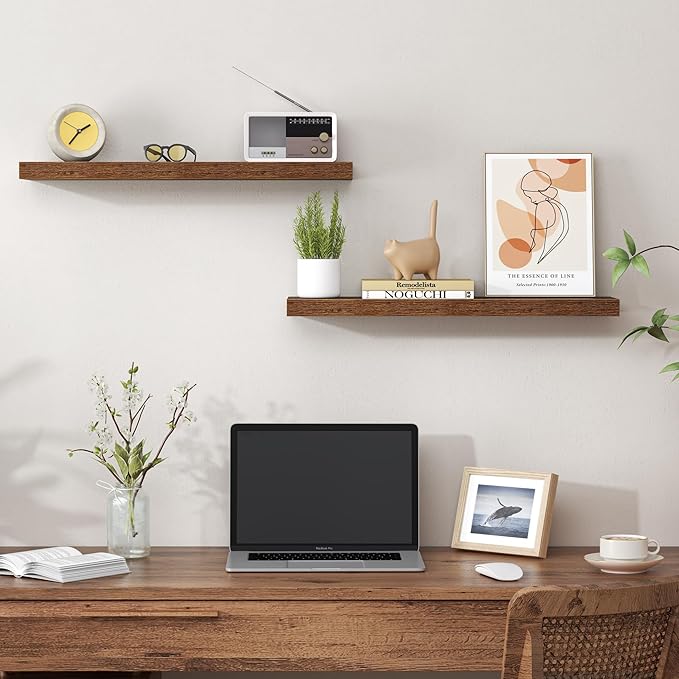 Heimlove 24 Inch Floating Shelves for Wall,Mounted Storage Wood Shelves with Invisible Brackets Hanging Shelf for Bedroom,Living Room,Kitchen,Office,Set of 2,Rustic Brown
