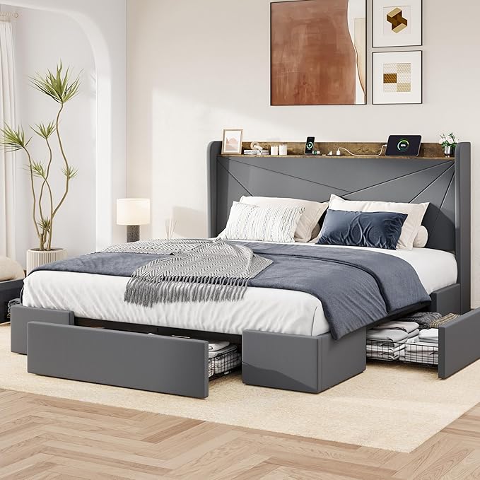Allewie King Size Velvet Bed Frame with 3 Storage Drawers, Upholstered Platform Bed with Wingback Storage Headboard and USB Ports, No Box Spring Needed, Easy Assembly, Grey