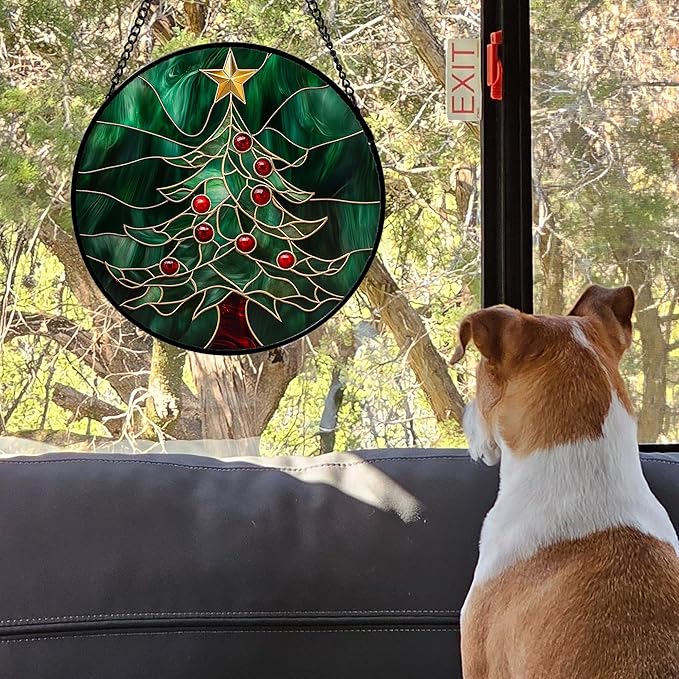 Stained Glass Window Hanging 4 Pcs Set Red Christmas Stockings and Gingerbread 9.8" - Suncatcher Door Garden Sun Catcher Decor Birthday Mother's Day Xmas Gifts for Mom Woman Nana Men