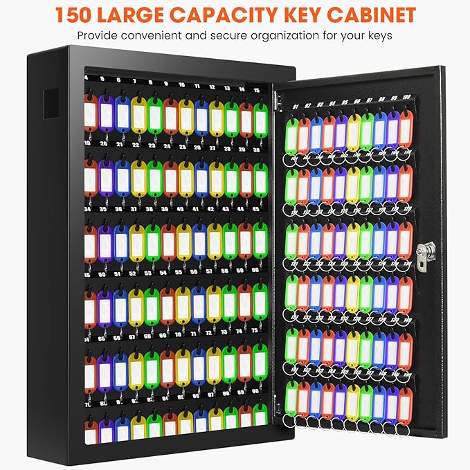 150 Keys Cabinet Organizer Wall Mount, Heavy Duty Key Lock Box with Key Hooks & 150 Tags Key Labels, Security Lockbox for Valets, Hotels, Car, Office Key Management & Storage
