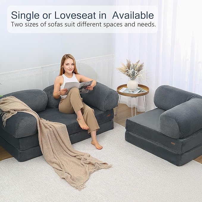 COMAX Folding Sofa Bed Single, Fold Out Chair Bed, Foldable Sofa Chair, Convertible Sleeper Futon for Adults, Floor Couch Mattress for Small Spaces Bedroom Living Room Guest Room, Faux Fur Dark Grey