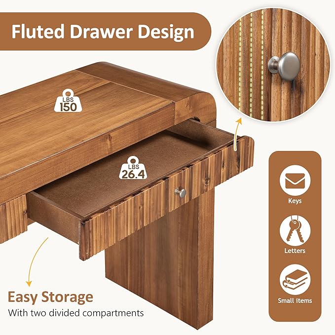Farmhouse Modern Curved Console Table 54.3-Inch Sofa Entry Table Fluted Accent Tables with Storage Drawers for Living Room Entryway Hallway Furniture, Brown