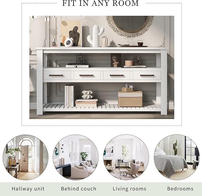 Modern 62'' Console Table Sofa Entryway Table with 4 Drawers and 2 Shelves, Acacia Wood Kitchen Buffet Cabinet Sideboard, Accent Table Furniture for Entryway Kitchen Living Room (White-4DE)
