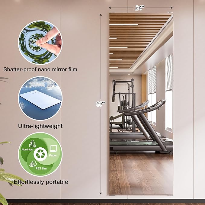 brisafe 2PCS 67"x24" Ultra-Light Wall Mirror for Home Gym & Yoga Studio, Shatterproof Full-Length Mirror with 0.04mm Nano Film, Easy Installation & Commercial Use (60% Insurance Savings)