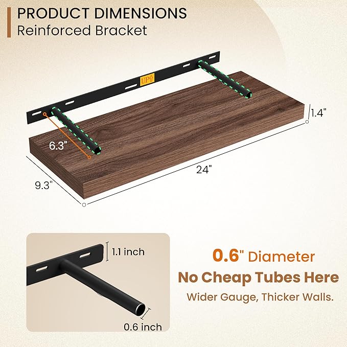 Fun Memories 24 Inch Floating Shelves for Wall, 9.3Inch Deep Floating Shelf, Extra Deeper & Thicker Wall Mounted Storage Shelf for Kitchen, Farmhouse, Walnut, 2 Pack