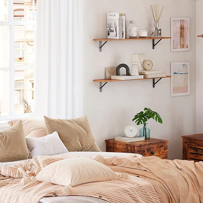 DINZI LVJ Long Wall Shelves, Set of 4, 31.5Inch Wall Mounted Shelves, Extra Large Wall Storage Ledges with Sturdy Metal Brackets for Living Room, Bathroom, Bedroom, Kitchen, Rustic Brown