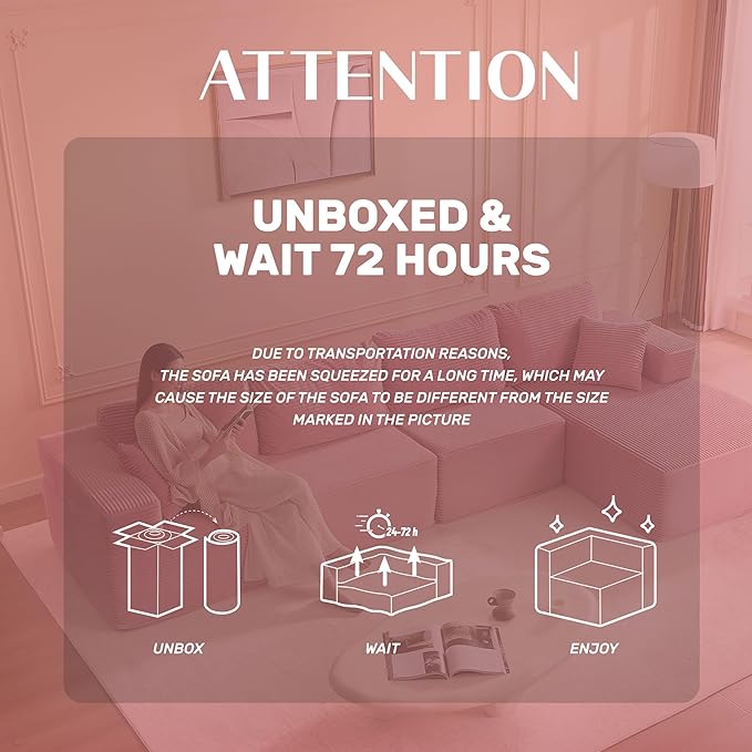 138" Boneless Couch with Deep Seat, Modular Sectional Sofa, Cloud Sectional Couch for Living Room, No Assembly Required, Corduroy, 4 Seater L-Shape Left, Pink