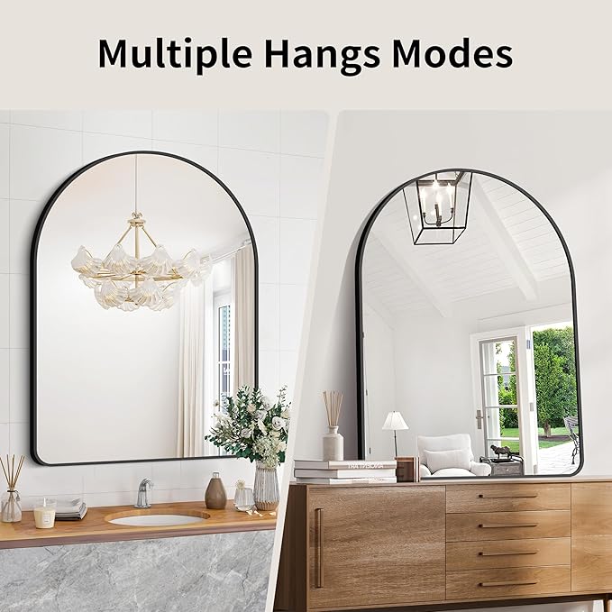 GLASHOM 30"x40" Black Arched Mirror - Wall Mounted, Aluminum Alloy Brushed Framed, Anti-Rust, Large Mirror for Over Sink, Bedroom, Entryway