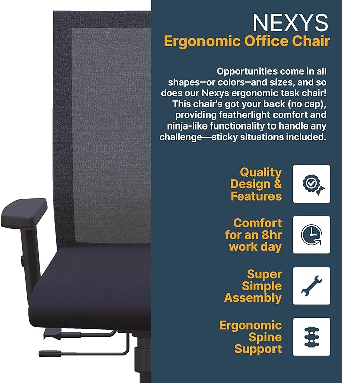 Nexys Home Office Desk Chair, Adjustable Tilt, Height Adjustable Armrests, High Mesh Back Variable Height, Rolling Work Swivel Chairs with Wheels, Comfortable for Long Hours, Onyx | Vinyl