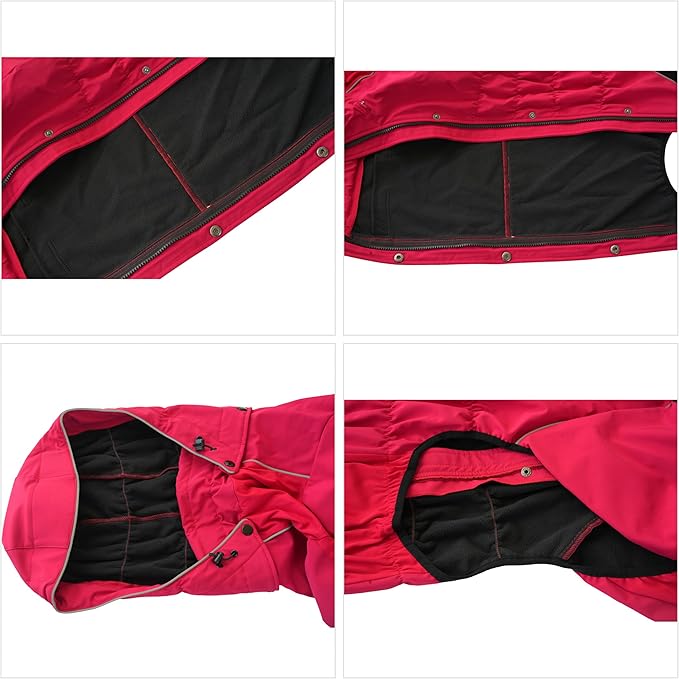 LOVELONGLONG Fleece-Lined Dog Raincoat with Removable Hood – Waterproof Winter Full Body Dog Jacket – Windproof Snowproof Cold-Weather Suit – Red-F 2XL