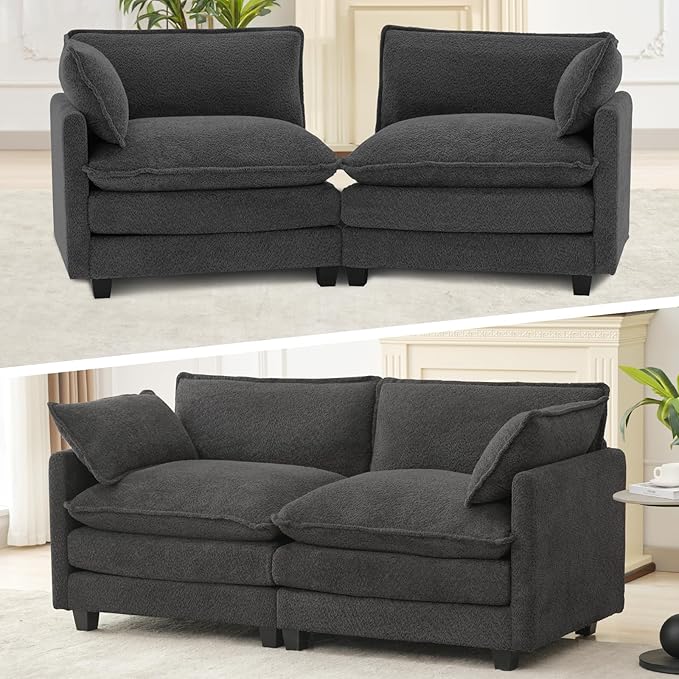 ROWHY Modular Loveseat Sectional Sofa, 78" Upholstered Loveseat, 2 Deep Seat Sofa Couch with 2 Throw Pillows for Small Space, Modern Comfy Cloud Couch for Living Room, Chenille, Charcoal Grey