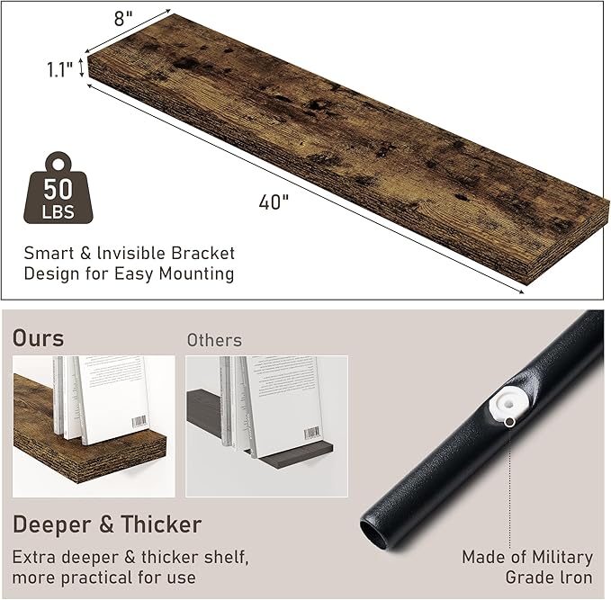 Fun Memories 40" Floating Shelves for Wall, 8 Inch Deep Floating Shelf for Books, Deep Bathroom Shelves Wall Mounted, Rustic Display Shelf for Kitchen, Bedroom, Living Room, Rustic Brown, 2 Pack