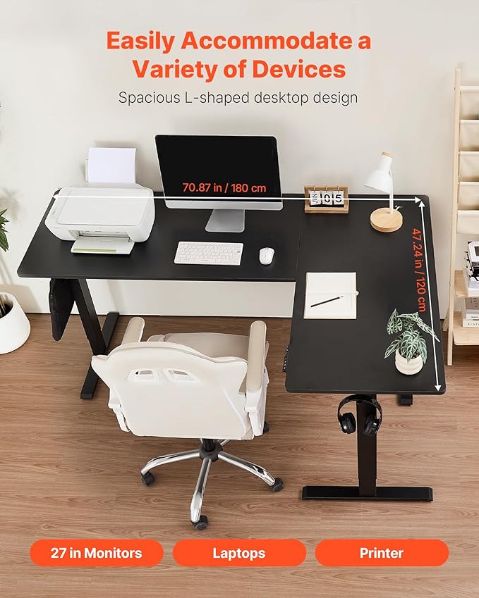 VEVOR L Shaped Standing Desk 71 x 47 inch, 3 Memory Height Adjustable, Electric Corner Standing Desk with Dual Motor, 2 Hooks & Cable Hole, Heavy Duty Carbon Steel Sit Stand Computer Workstation Table