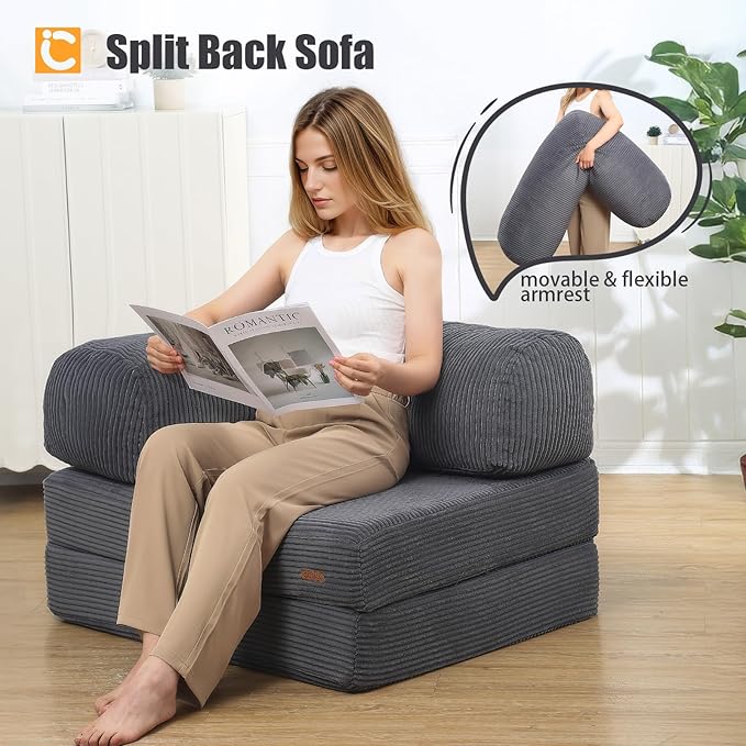 COMAX Folding Sofa Bed, Fold Out Chair Bed, Foldable Sofa, Convertible Sleeper for Adults, Futon Chair Single Small Floor Couch for Spaces, Bedroom Living Room Guest Room, Grey