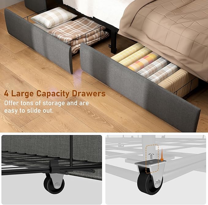 SADENICEL Queen Bed Frame with Storage Headboard and 4 Drawer, Metal Platform Bed Frame Queen Size with LED Light, Charging Station, No Box Spring Needed, Noise Free, Easy Assembly, Grey