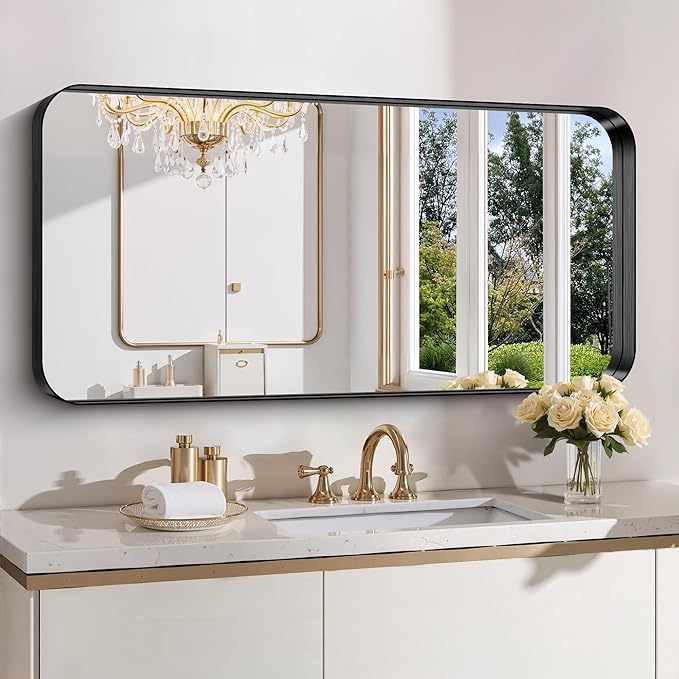 FORBATH 24x48 Inch Bathroom Mirror, Brushed Black Deep Frame Narrow Wall Mirror with Rounded Corners, Anti-Rust Tempered Glass for Modern Farmhouse Vanity (Horizontal/Vertical)