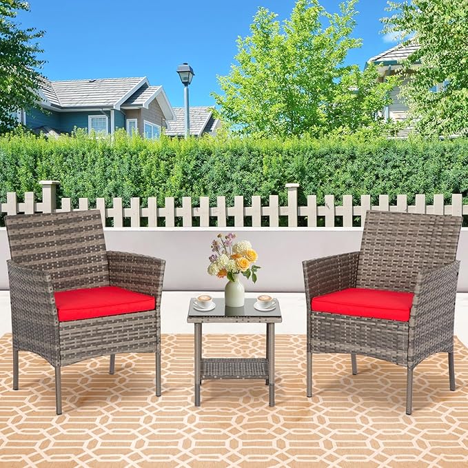 FDW 3 Piece Outdoor Furniture Set Patio Gray Wicker Chairs Furniture Bistro Conversation Set 2 Rattan Chairs with Red Cushions and Glass Coffee Table for Porch Lawn Garden Balcony Backyard