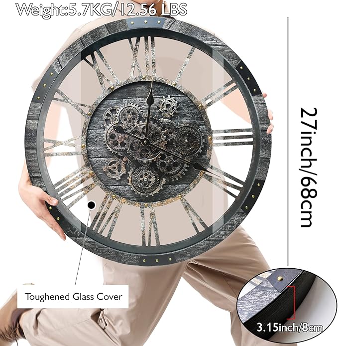 DORBOKER 27" Real Moving Gears Large Wall Clock with Toughened Glass Cover, Giant Wood Farmhouse Clock, Oversized Vintage Industrial Rustic Clock for Living Room Decor Home Kitchen (Carbon Grey)