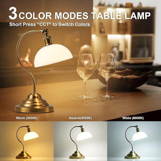 Cordless LED Table Lamp, 180° Swing Arm Desk Lamp, Battery Operated,Dimmable/3 Color, Vintage Rechargeable Table Light for Living Room,Bedroom,Bedside, White Shade, Brass