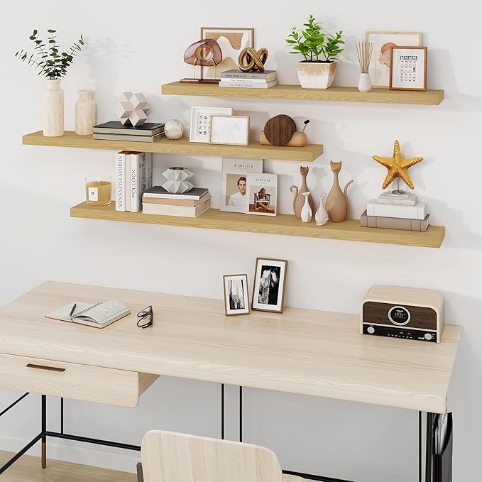 Fun Memories 66 Inch Fireplace Mantel - Long Floating Shelf, Wall Mounted Farmhouse Display with Invisible Heavy Duty Metal Bracket, Oak, 2 Pack