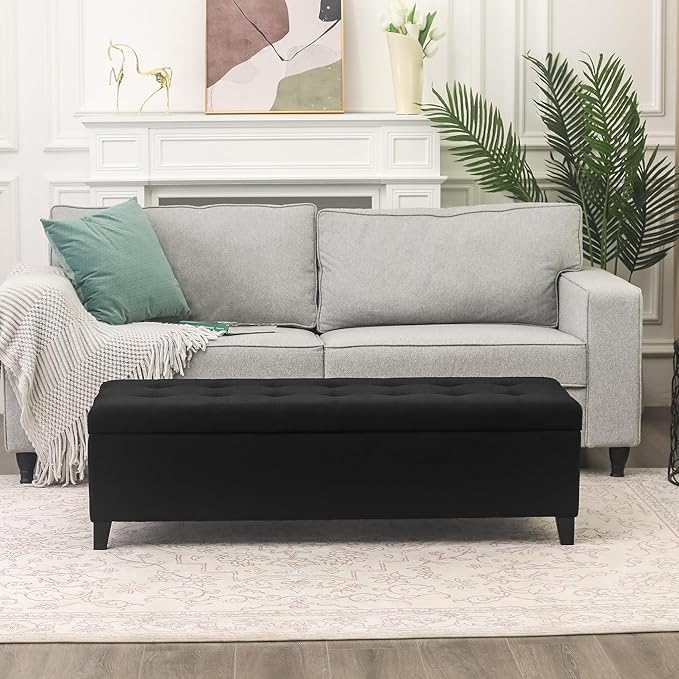 Joveco Storage Ottoman Bench, 51" Rectangle Long Bench, for Bedroom, End Foot of Bed, Living Room, Entryway, Line Black