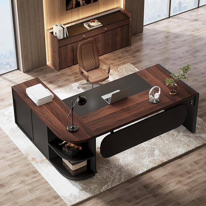 Tribesigns 80'' L-Shaped Desk, Large Executive Office Desk with 55'' Drawers Cabinet, Modern Computer Table with Storage Shelves, Business Furniture for Home Office, Walnut & Black